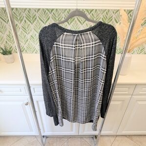 ⭐Full Moon Maternity Long Sleeve Gray Checked Mixed Media Blouse XL⭐